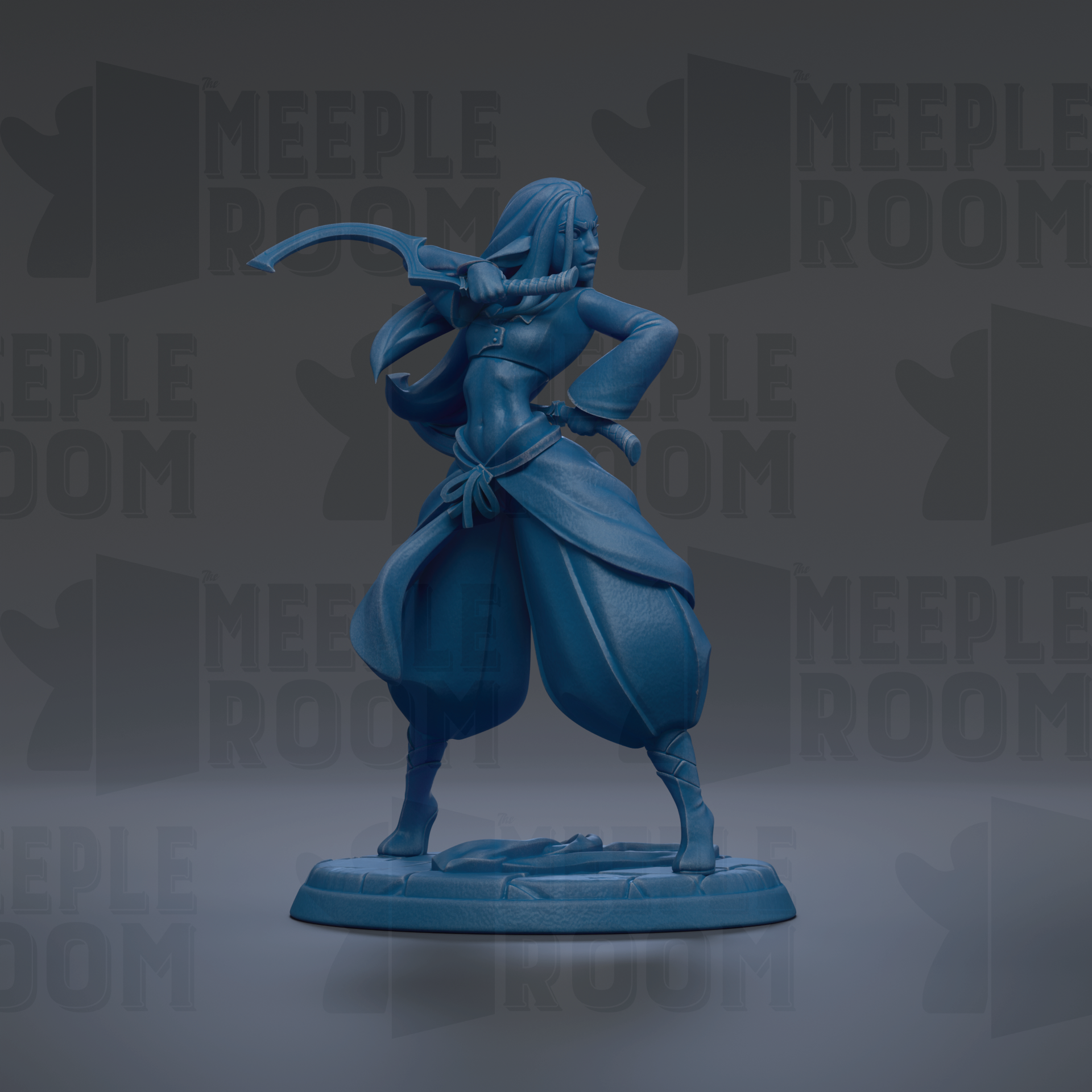 A blue figurine of a person with long hair and a flowing robe, holding a sword, is the central focus of the image.