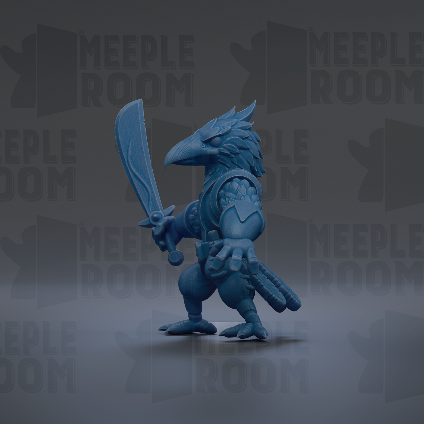 A blue, winged creature holding a sword stands in the center of the image against a dark background with repeated text.