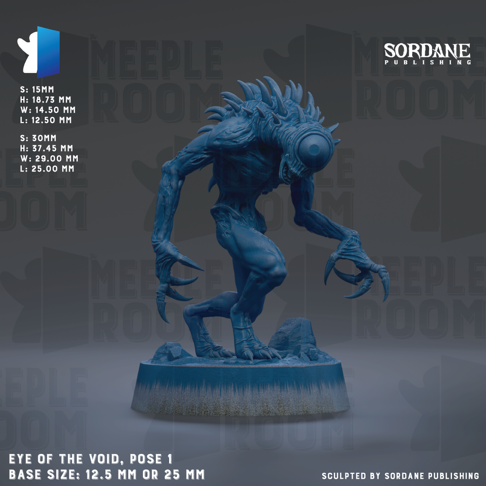 The image is a 3D rendering of a blue, spiky creature with sharp claws, standing on a base and appearing to be in a pose. The creature has a large eye and is positioned in a way that suggests it is looking down at the viewer. The image is described as a "Sculpted by Sordane Publishing" and is labeled as "Eye of the Void, pose 1". The base size of the sculpture is either 12.5 mm or 25 mm.