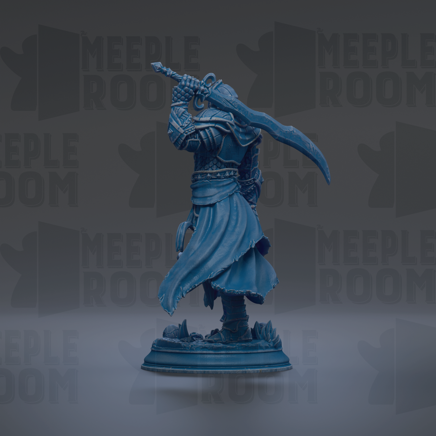 A blue figurine of a warrior wielding a sword stands on a base against a dark background with repeated "MEIPLLE ROOM" text.