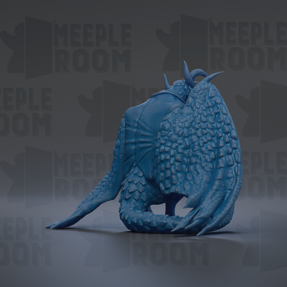 A 3D rendering of a blue dragon-like creature with scales and sharp talons, sitting on its hind legs with its wings folded.