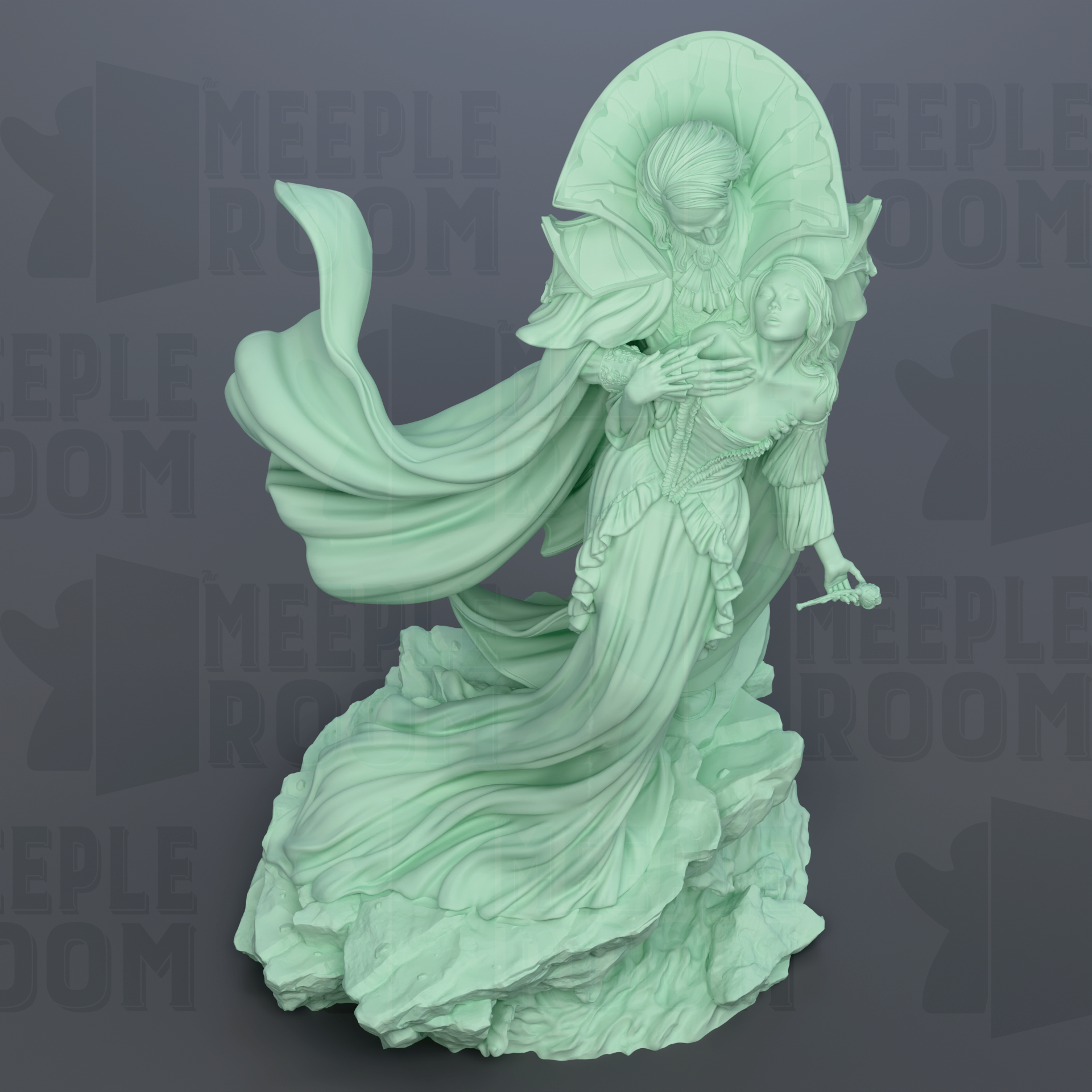 A green statue of a woman with flowing robes and a large headdress, holding a child in her arms.