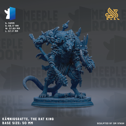 a figurine of a rat king, specifically the Rat King, which is a character from the video game Meeple Room. The figurine is shown in a dynamic pose, with its arms and legs spread out, and it is standing on a base that is described as being 30mm in length. The image is a detailed representation of the Rat King, showcasing its intricate design and craftsmanship.