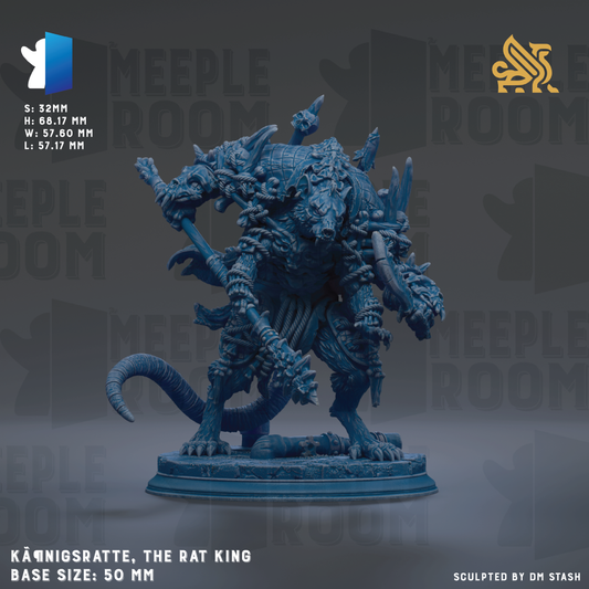 a figurine of a rat king, specifically the Rat King, which is a character from the video game Meeple Room. The figurine is shown in a dynamic pose, with its arms and legs spread out, and it is standing on a base that is described as being 30mm in length. The image is a detailed representation of the Rat King, showcasing its intricate design and craftsmanship.