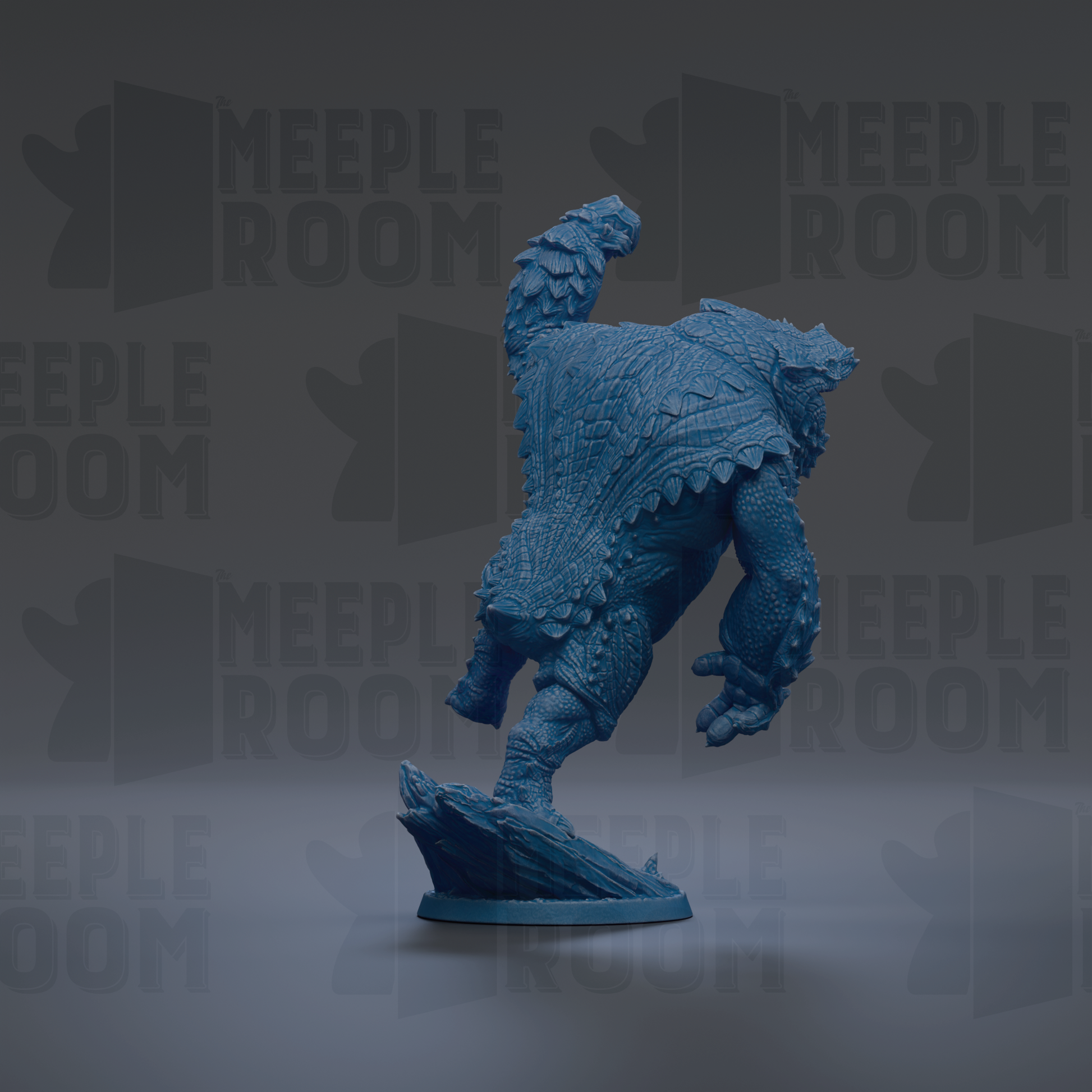 A blue figurine of a fantastical creature, possibly a dragon or serpent, is shown in a dynamic pose against a dark background with repeated text.