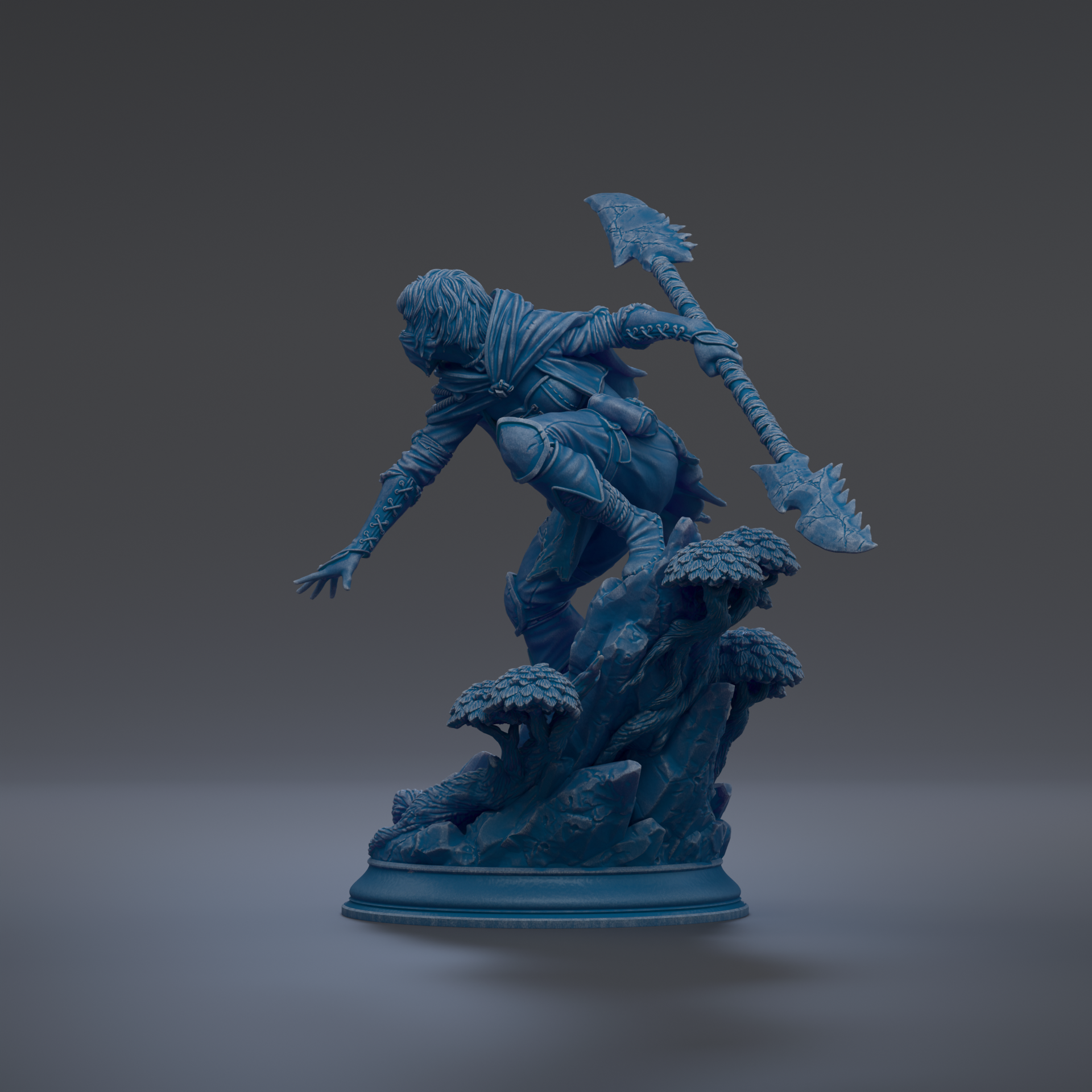 A blue statue of a warrior figure holding a spear and shield, standing on a rocky base with trees and foliage.