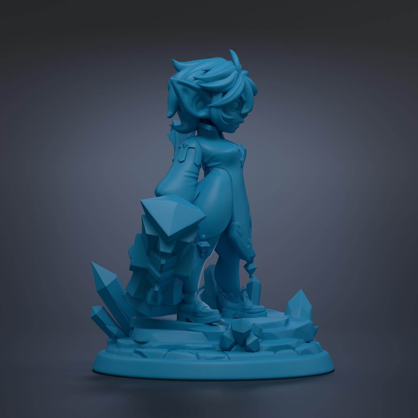 A blue 3D model of a female character with a unique hairstyle and facial features, standing on a base with crystals and rocks.