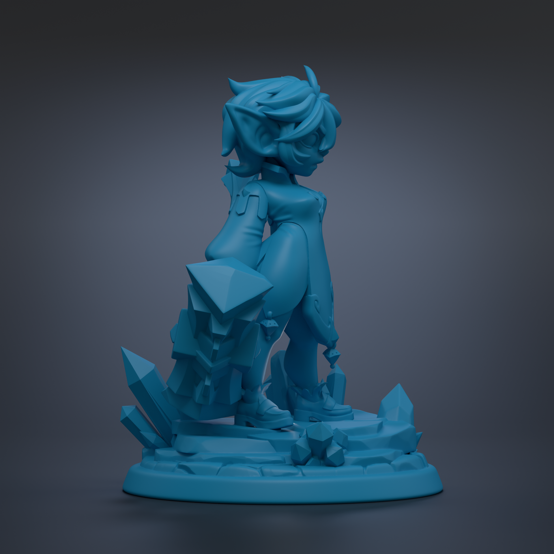 A blue 3D model of a female character with a unique hairstyle and facial features, standing on a base with crystals and rocks.