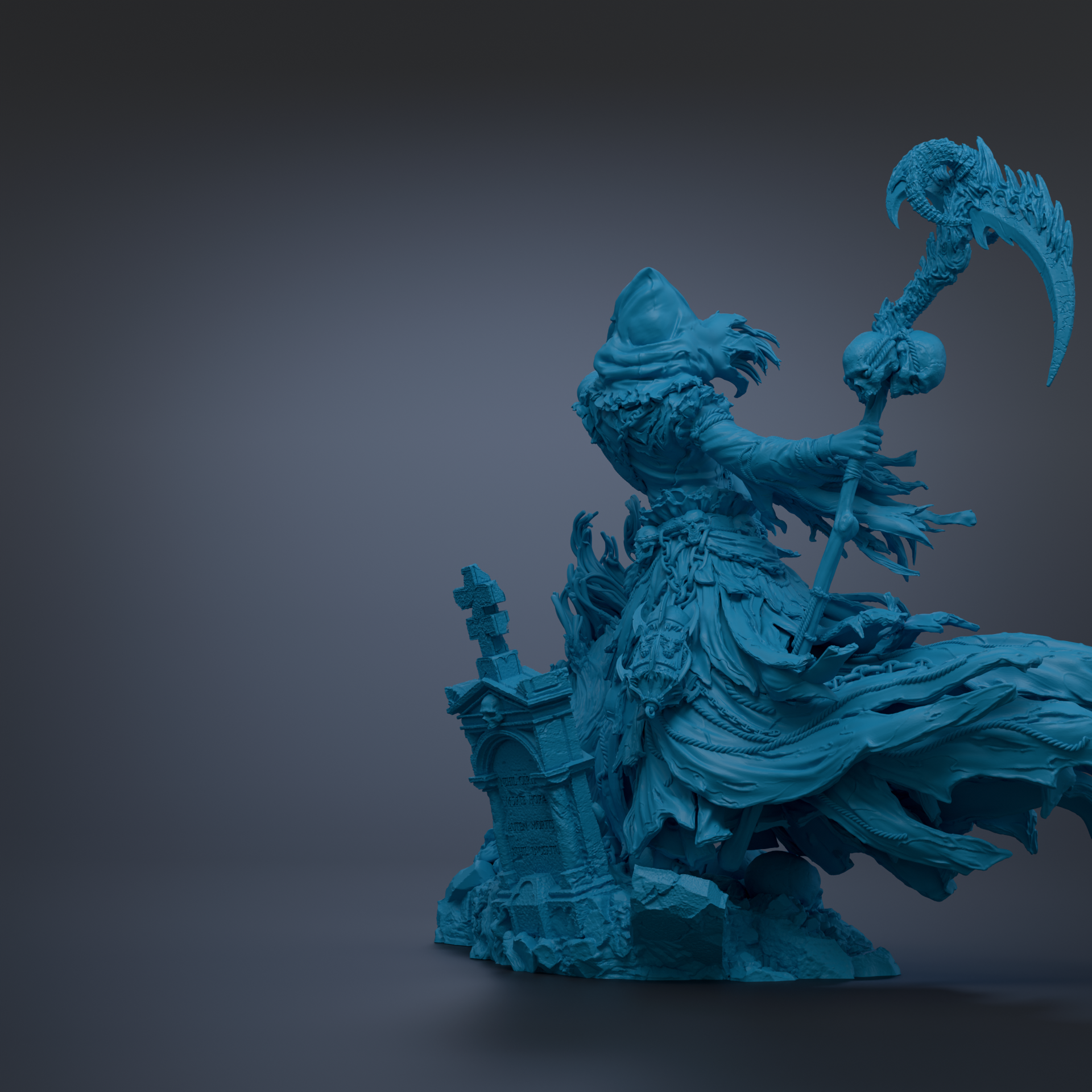 A dark blue, 3D-rendered statue of a figure holding a large weapon and standing on a rocky surface.