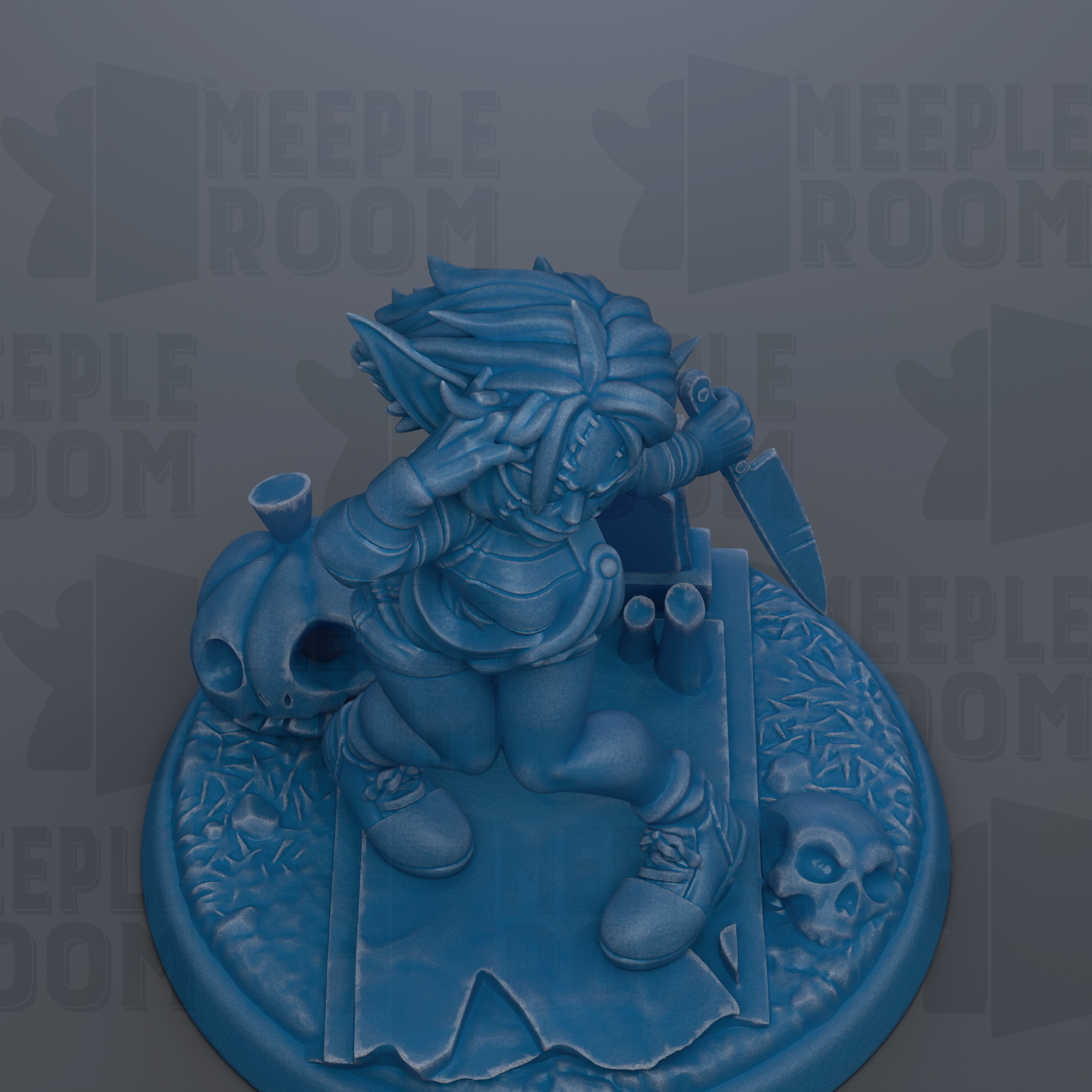 A blue figurine of a character with a skull on its feet, holding a weapon, and surrounded by other objects.