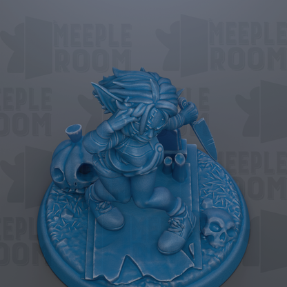 A blue figurine of a character with a skull on its feet, holding a weapon, and surrounded by other objects.