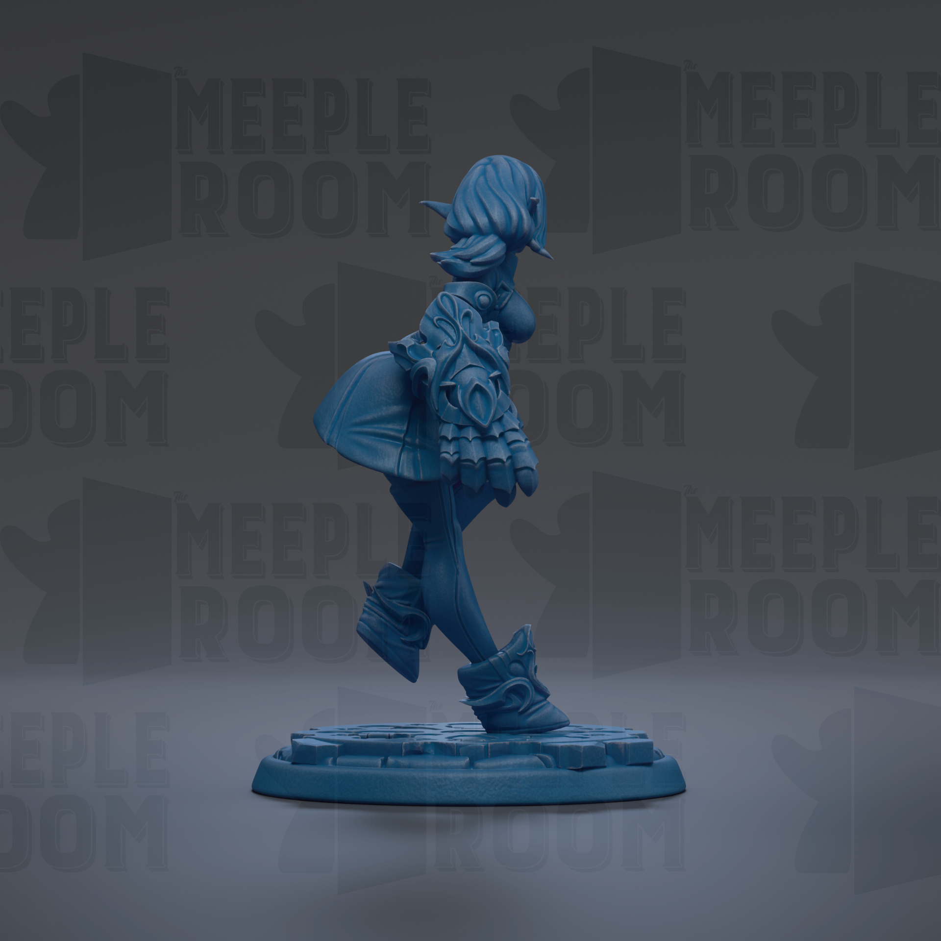 A blue figurine of a person standing on a platform against a dark background with repeated text.