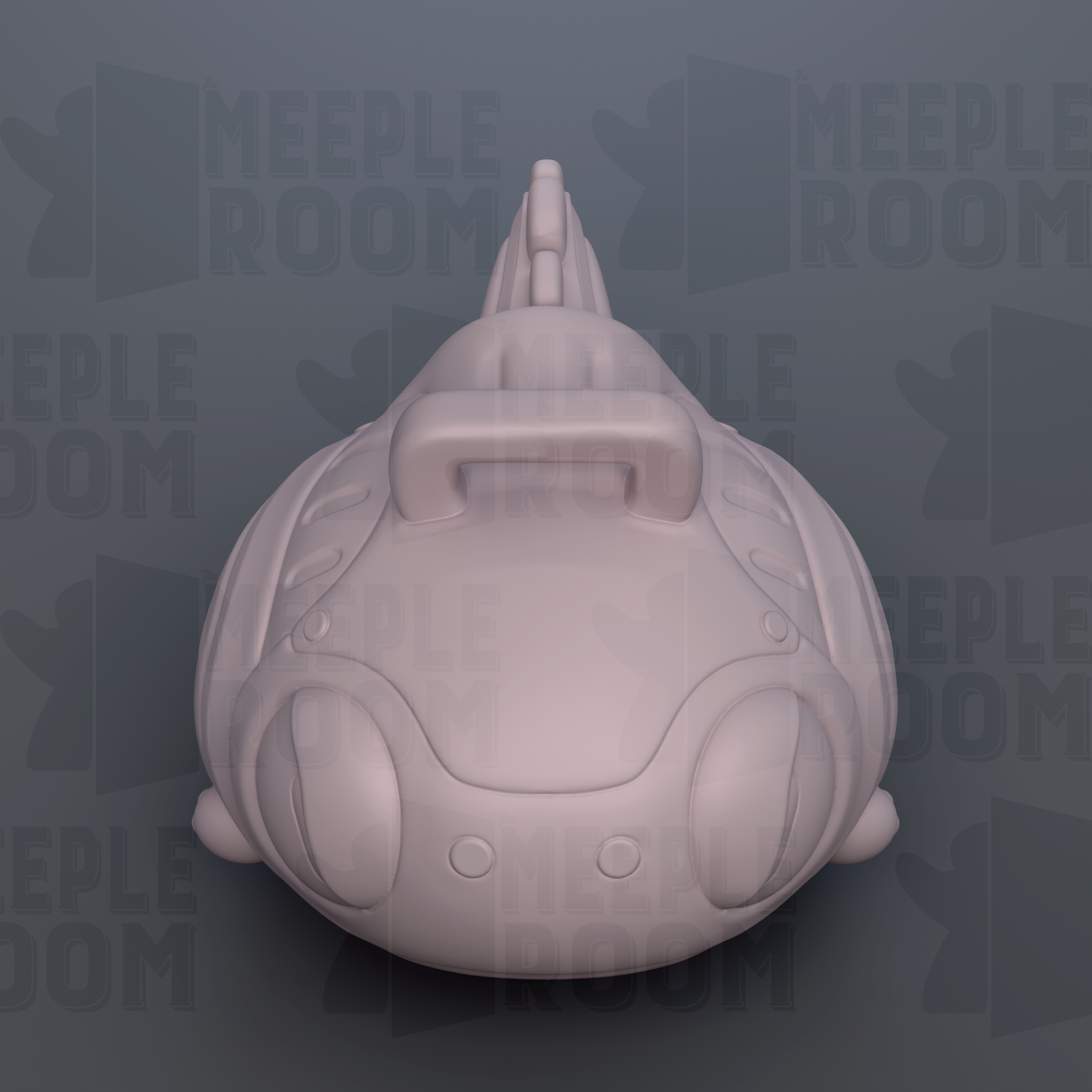 A 3D rendering of a futuristic-looking object, possibly a spacecraft or robot, against a dark background with repeated text.