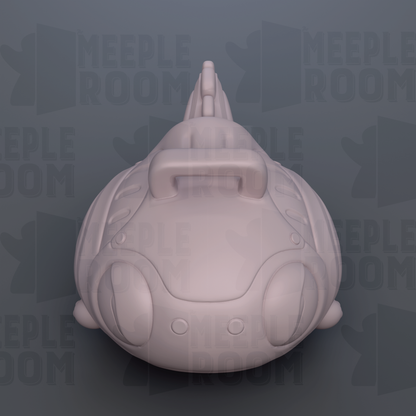 A 3D rendering of a futuristic-looking object, possibly a spacecraft or robot, against a dark background with repeated text.