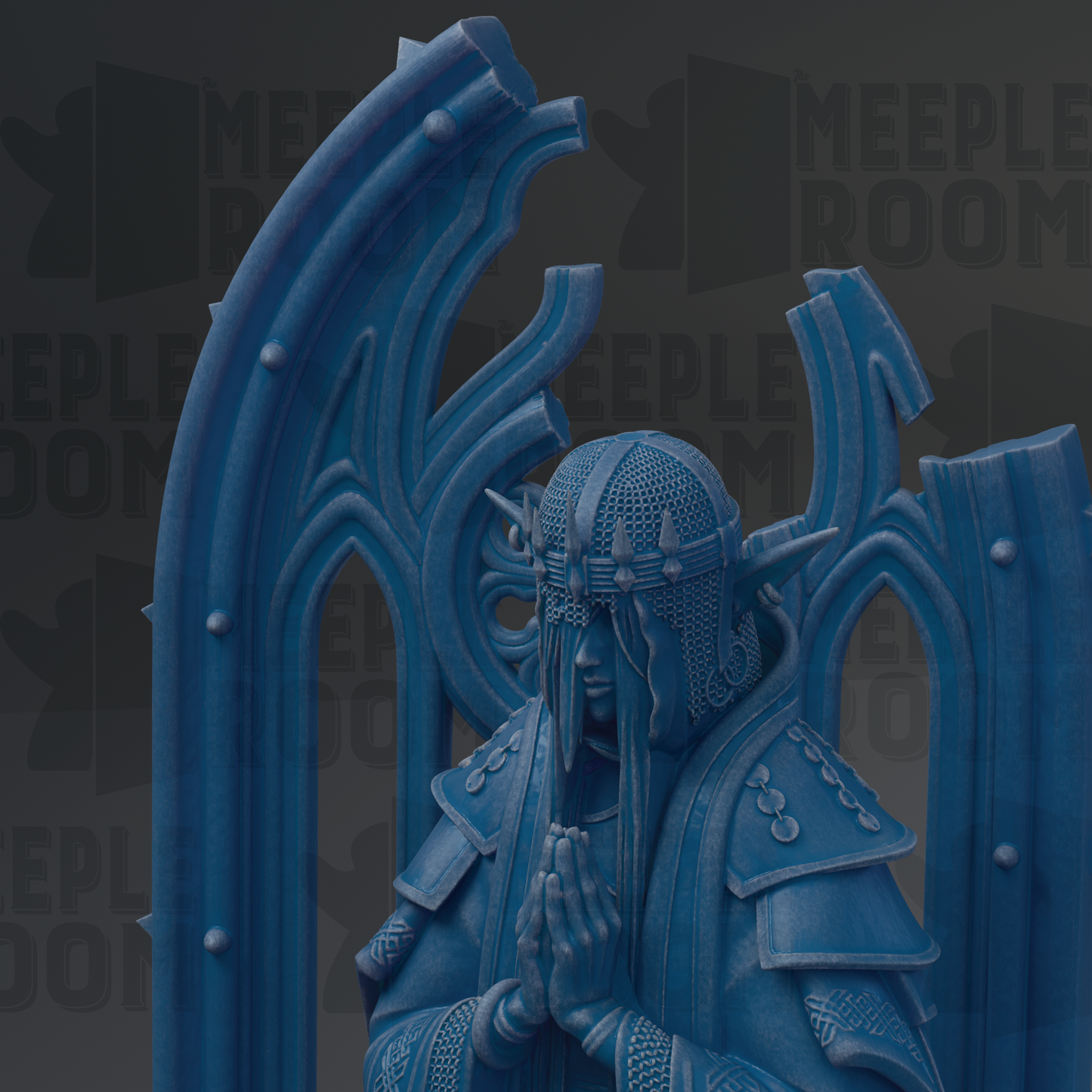 A blue, ornate statue of a figure with a long beard and a crown, standing in an archway.