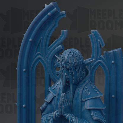 A blue, ornate statue of a figure with a long beard and a crown, standing in an archway.