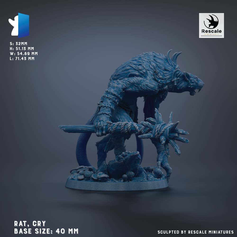 a figurine of a rat, a creature often associated with rodents, in a dynamic pose. The figurine is shown in a crouched position, with its head lowered and a weapon in its hand. The base size of the figurine is 40 millimeters. The image is a sculpted piece, and it is created by Rescale miniatures.