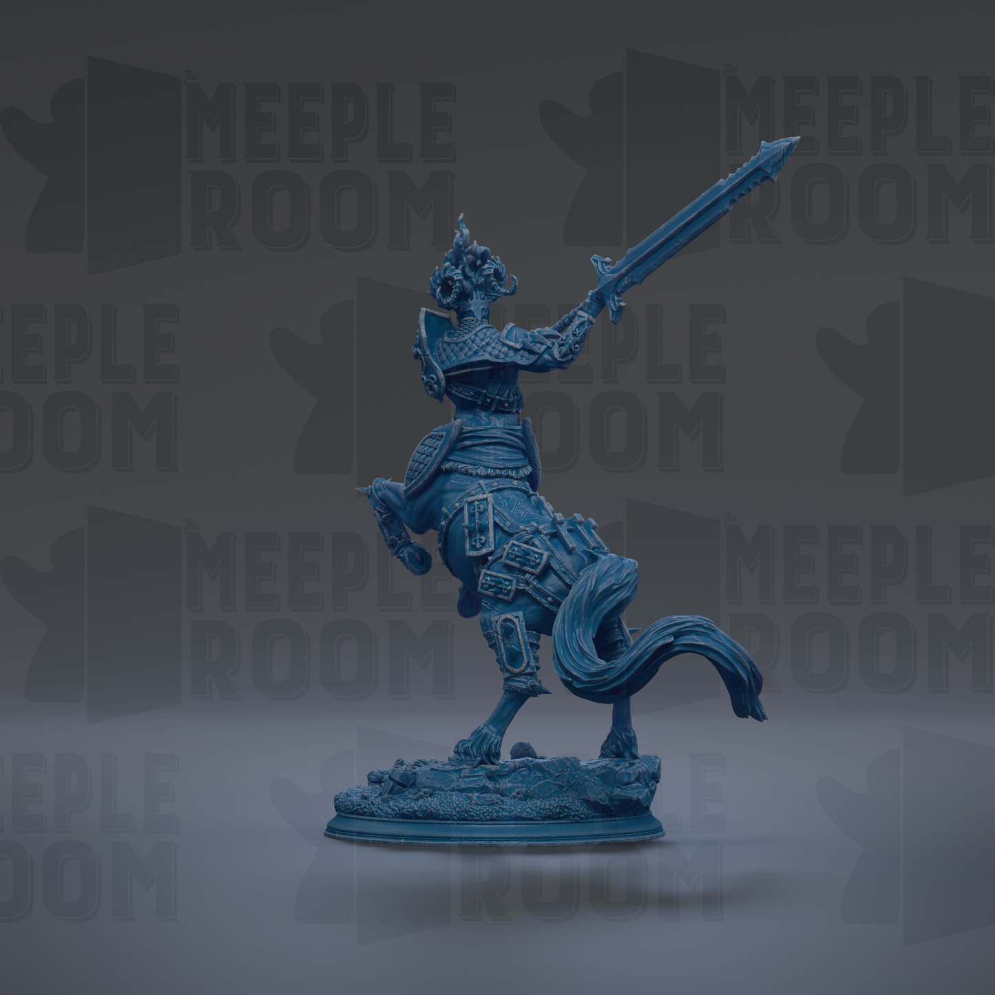 A blue armored knight statue with a sword raised, standing on a pedestal against a dark background with repeated text.