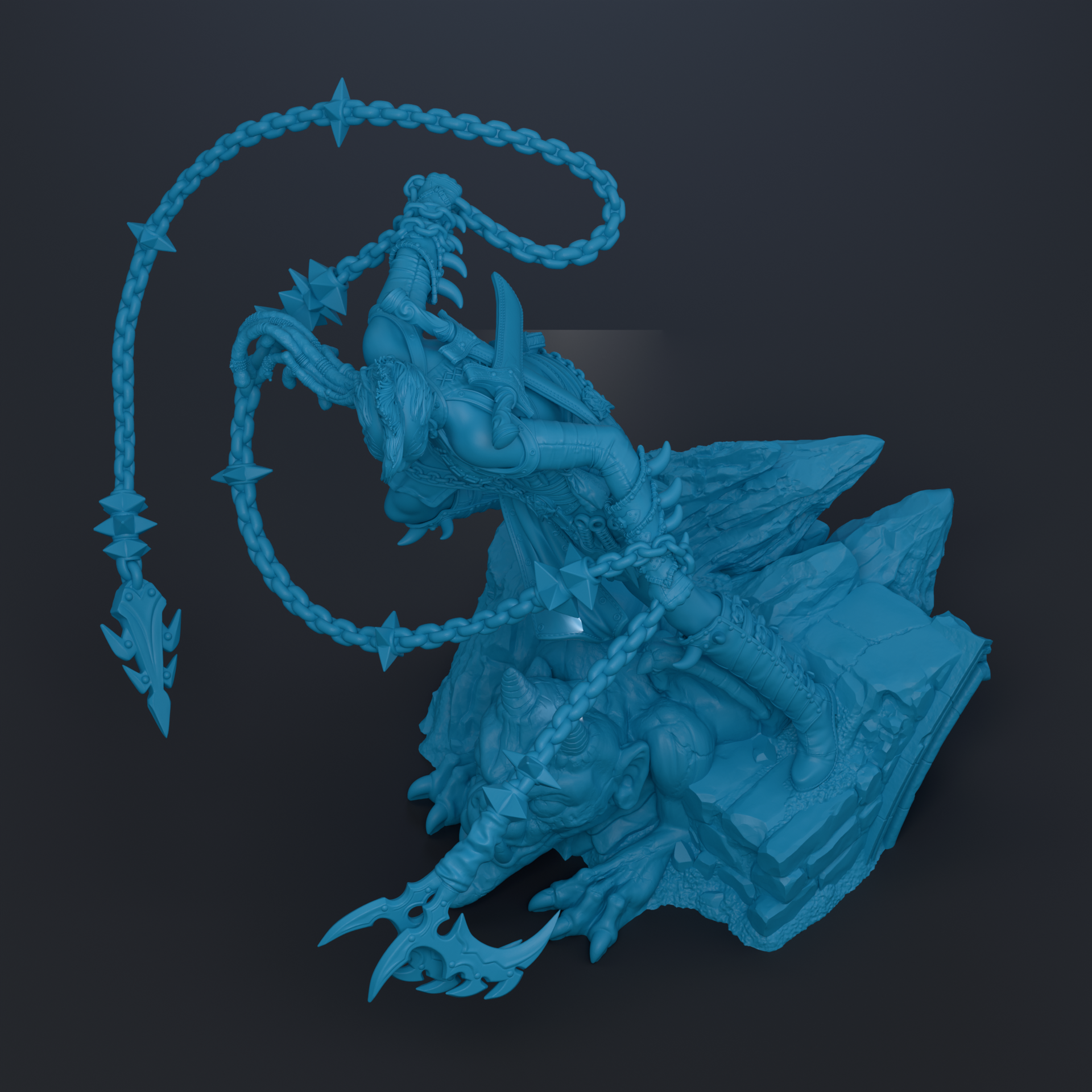 A 3D rendering of a fantastical creature with sharp teeth and claws, surrounded by chains and weapons, set against a dark background.