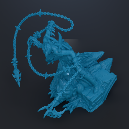 A 3D rendering of a fantastical creature with sharp teeth and claws, surrounded by chains and weapons, set against a dark background.