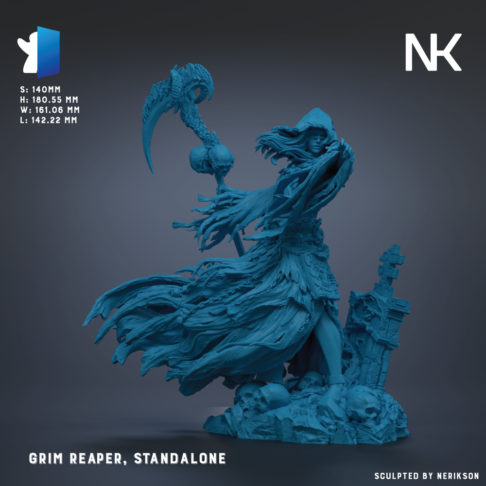 a blue, sculpted figure of a woman with a large, ornate weapon, possibly a grim reaper or a similar character.