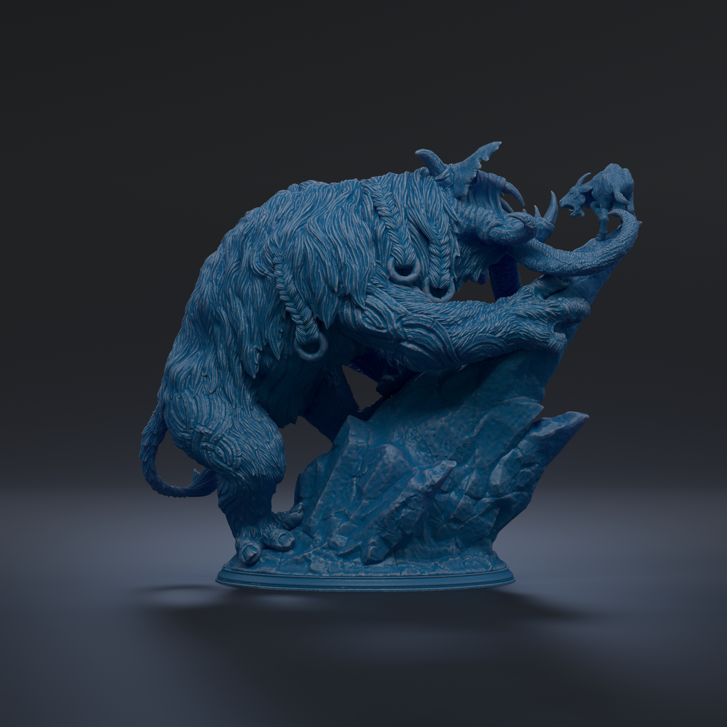 A blue, 3D-rendered sculpture depicting a fantastical creature with intricate details and textures.