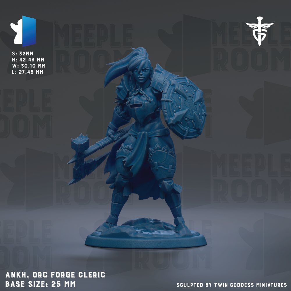 a detailed figurine of an ORC FORGE CLERIC, a character from the video game Meeple Room. The figurine is standing on a base and is holding a shield and a sword. The figurine is described as having a height of 5.72MM, a width of 42.43MM, and a length of 37.45MM. The base size of the figurine is 25MM. The image is a collage of multiple images, and it is described as being sculpted by Twin Goddess Miniatures.
