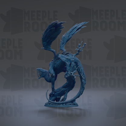 A blue, winged creature with sharp teeth and claws is depicted in the center of the image, surrounded by repeated text and logos.