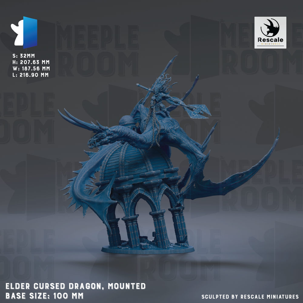 The image is a 3D rendering of a blue, aged-looking statue of a dragon mounted on a structure, possibly a castle or temple. The statue appears to be a depiction of an Elderly Cursed Dragon, with intricate details and a weathered appearance. The base size of the statue is 100 millimeters. The image is a collage of multiple images, and it is described as being sculpted by Rescue miniatures.