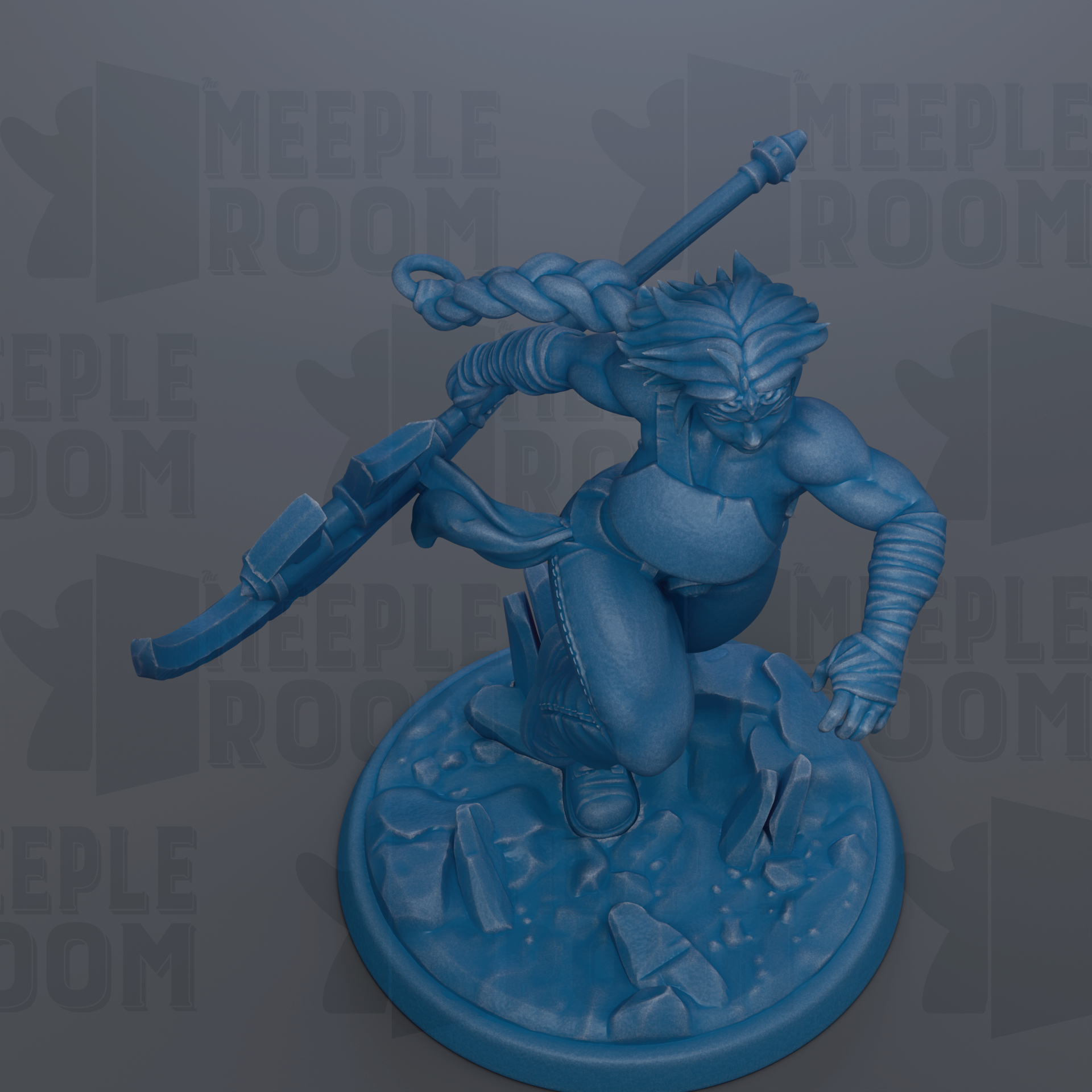A blue figurine of a warrior-like character with a sword and shield, standing on a rocky base.