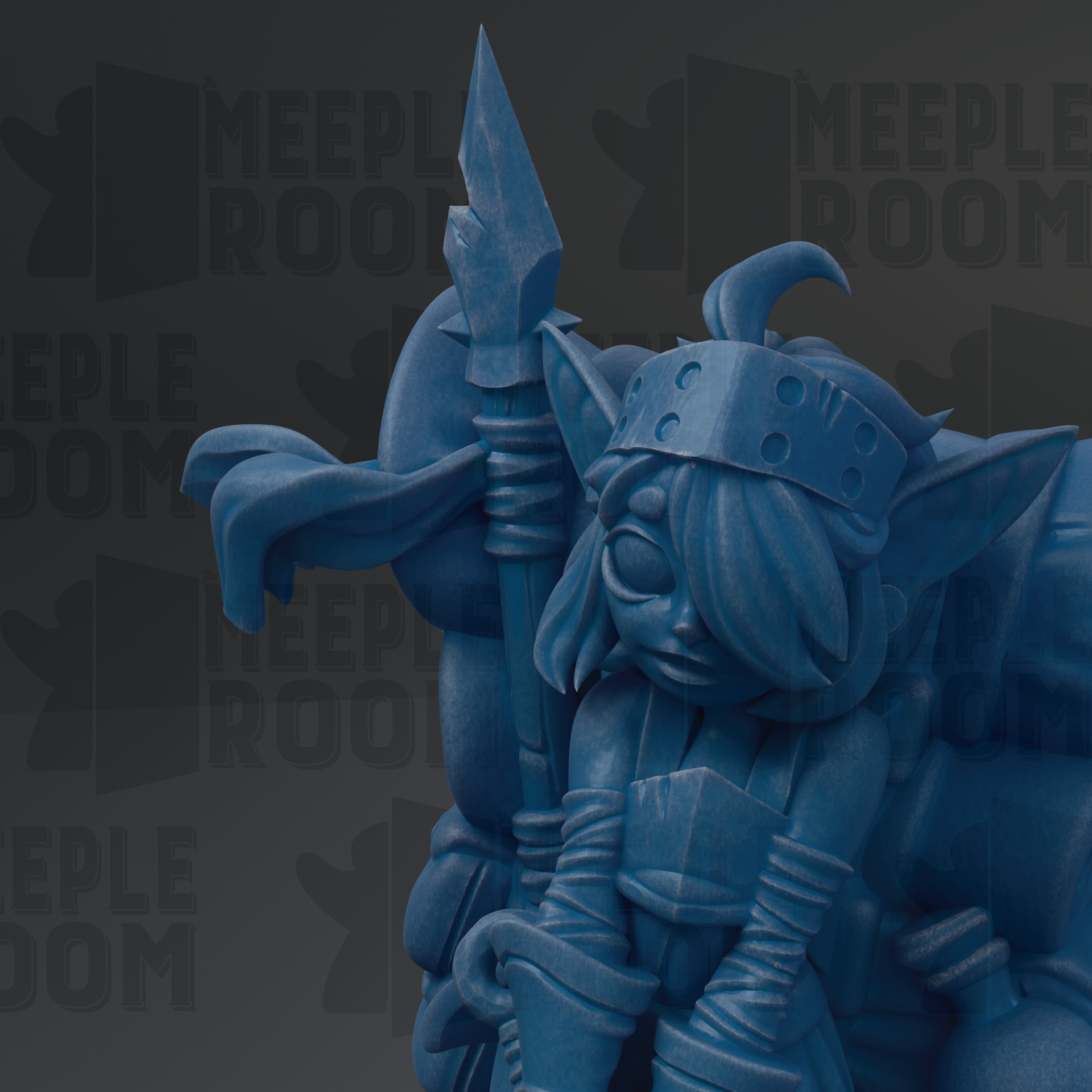 A blue, cartoonish statue of a character with a pointed hat and a staff, set against a dark background with repeated text.