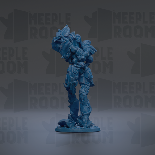 A blue, abstract statue of a human figure with a distorted, sculpted appearance stands against a dark background with repeated "MEIPLLE ROOM" text.