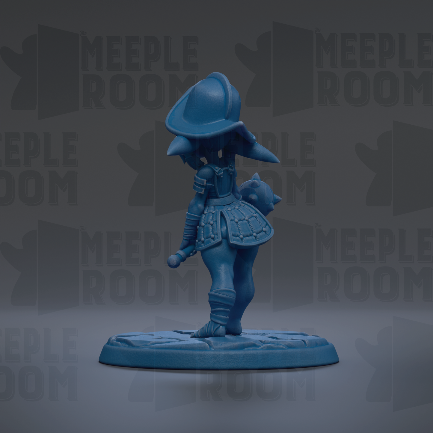 A blue figurine of a person wearing a hat and holding a shield, standing on a base against a dark background with repeated text.