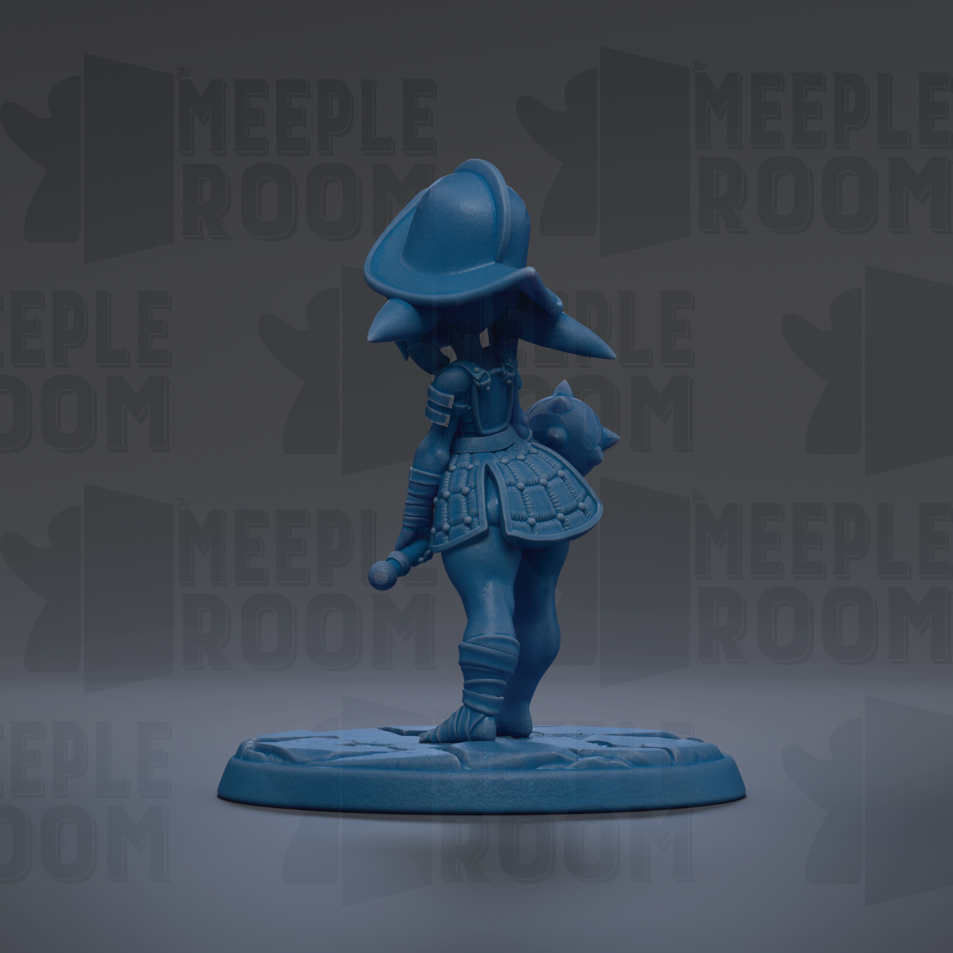 A blue figurine of a person wearing a hat and holding a shield, standing on a base against a dark background with repeated text.