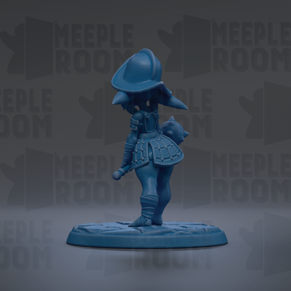 A blue figurine of a person wearing a hat and holding a shield, standing on a base against a dark background with repeated text.