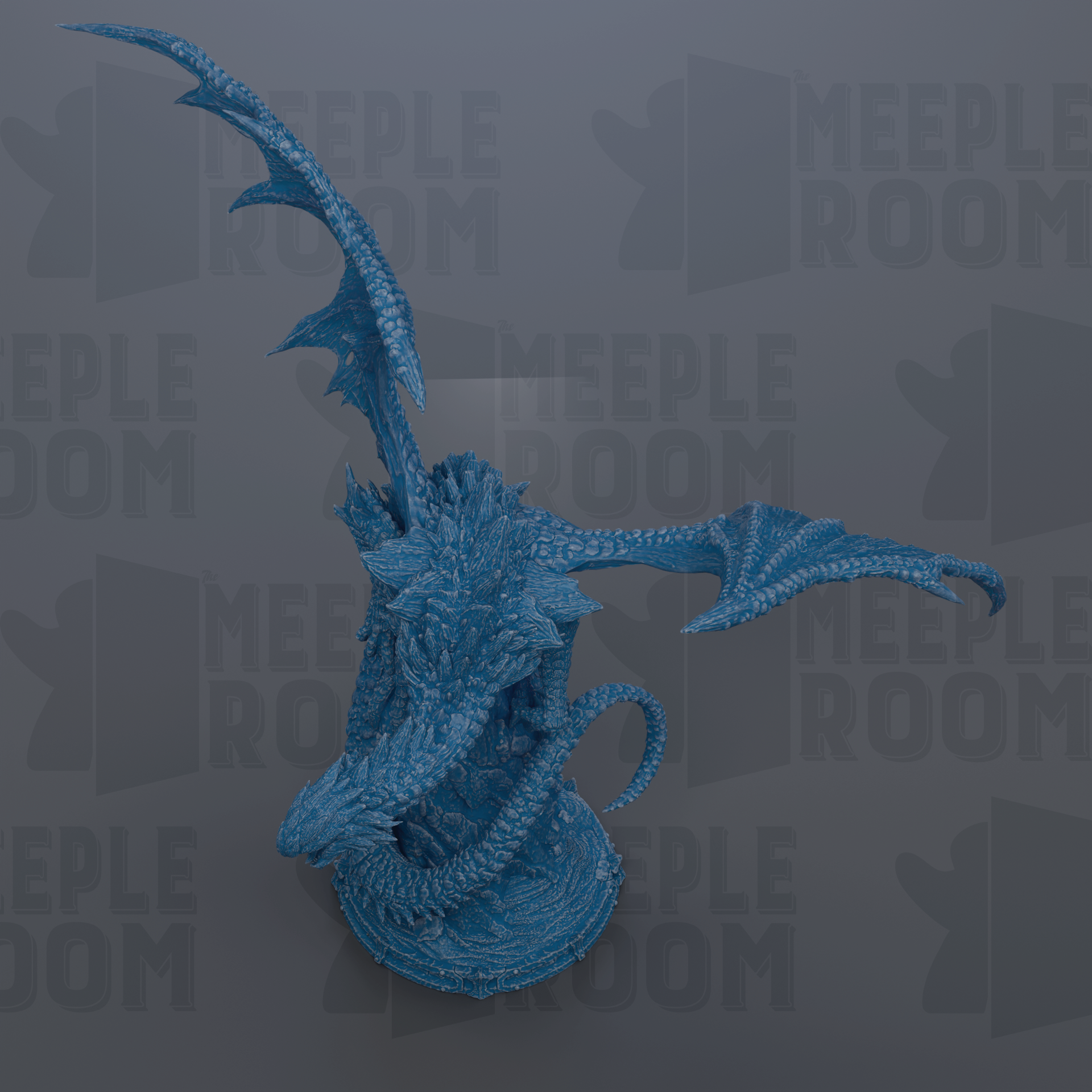 A blue dragon statue with outstretched wings is the central focus of the image.