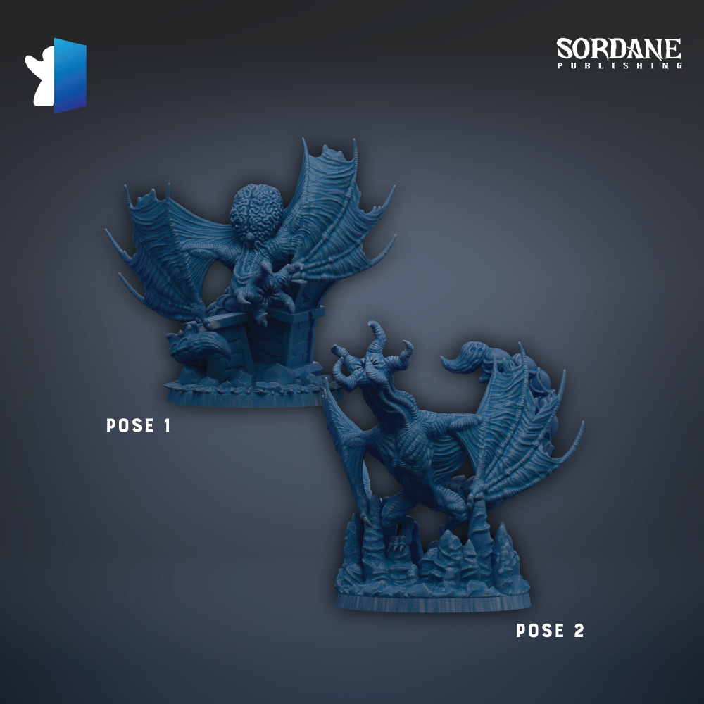 two blue dragon figurines, one standing and one sitting, against a dark background.