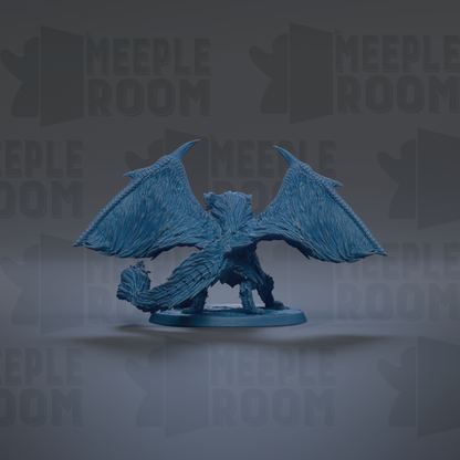 A blue dragon figurine with outstretched wings is the central focus of the image.