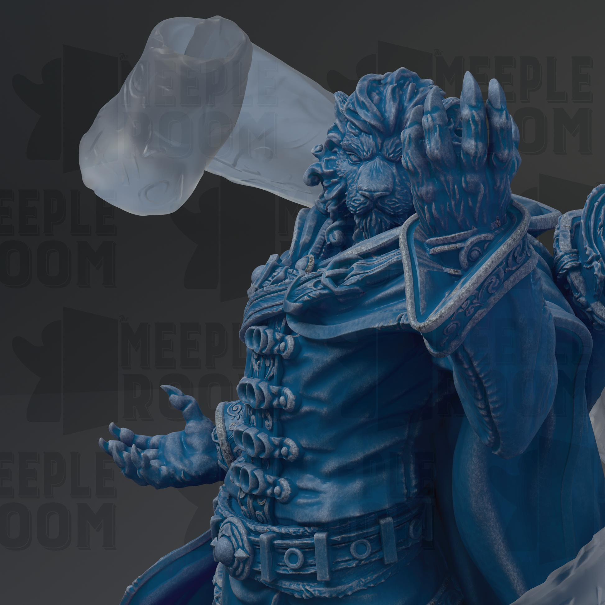 A close-up of a blue statue depicting a fierce-looking creature with a large head and sharp teeth, holding a large object in its hands.