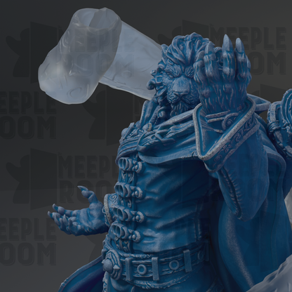 A close-up of a blue statue depicting a fierce-looking creature with a large head and sharp teeth, holding a large object in its hands.
