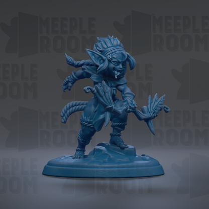 A blue figurine of a fantastical creature, possibly a mythical or magical being, is depicted in the center of the image.