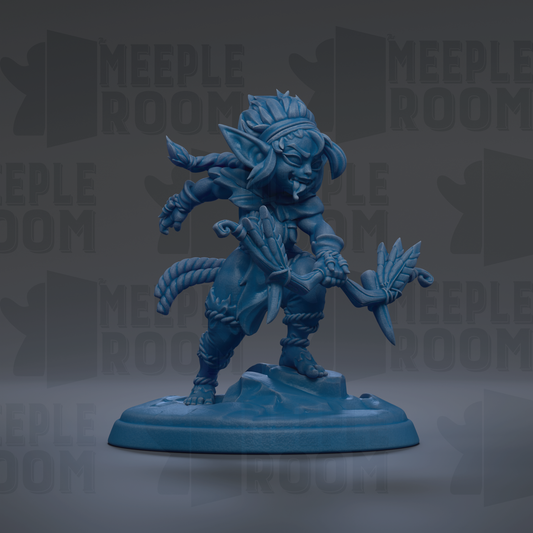 A blue figurine of a fantastical creature, possibly a mythical or magical being, is depicted in the center of the image.