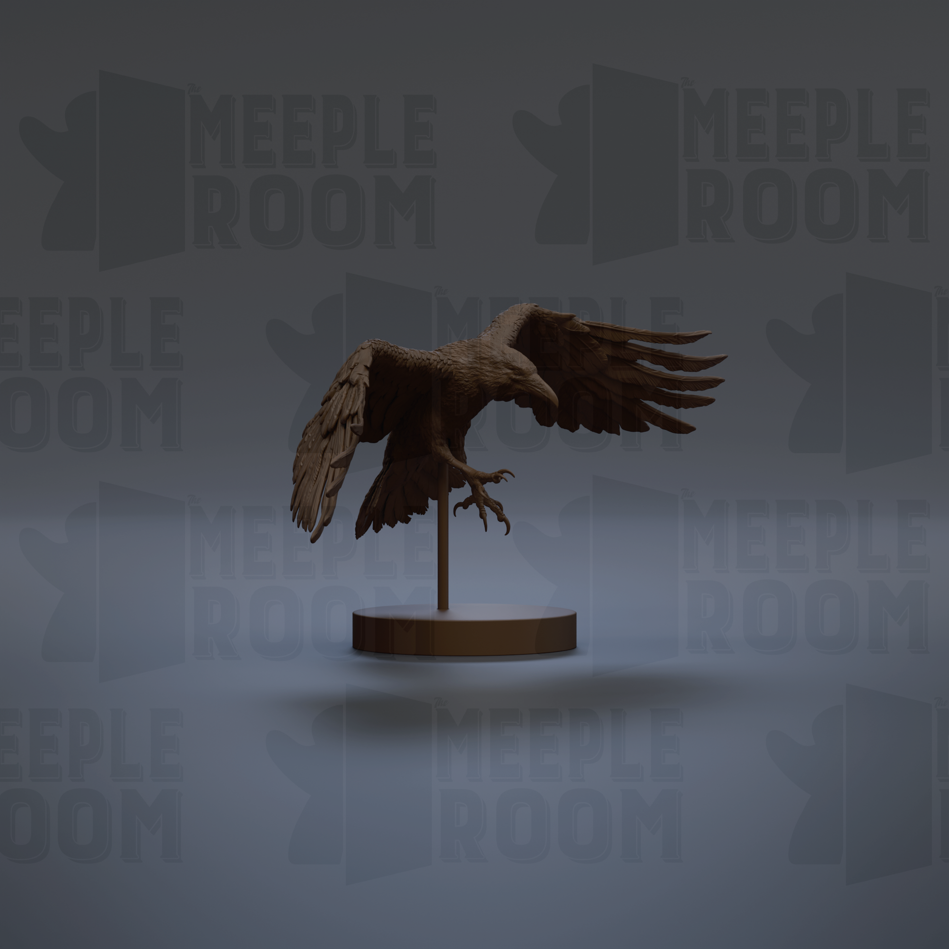 A 3D rendering of a bird of prey, possibly an eagle, in flight with its wings spread wide. The bird is perched on a circular base, which is placed on a gray background. The background is repeated multiple times, creating a pattern that covers the entire image.