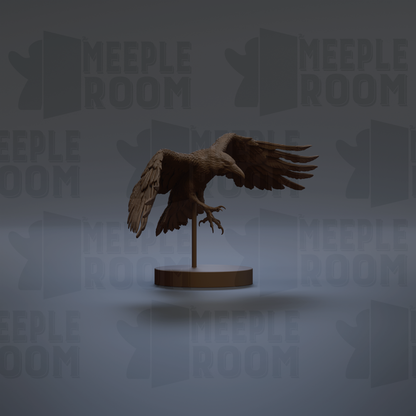 A 3D rendering of a bird of prey, possibly an eagle, in flight with its wings spread wide. The bird is perched on a circular base, which is placed on a gray background. The background is repeated multiple times, creating a pattern that covers the entire image.