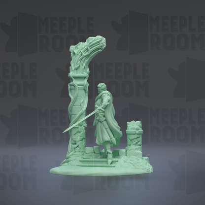 A green statue of a person holding a sword stands in front of a damaged column, with the text "MEEPLE ROOM" visible in the background.