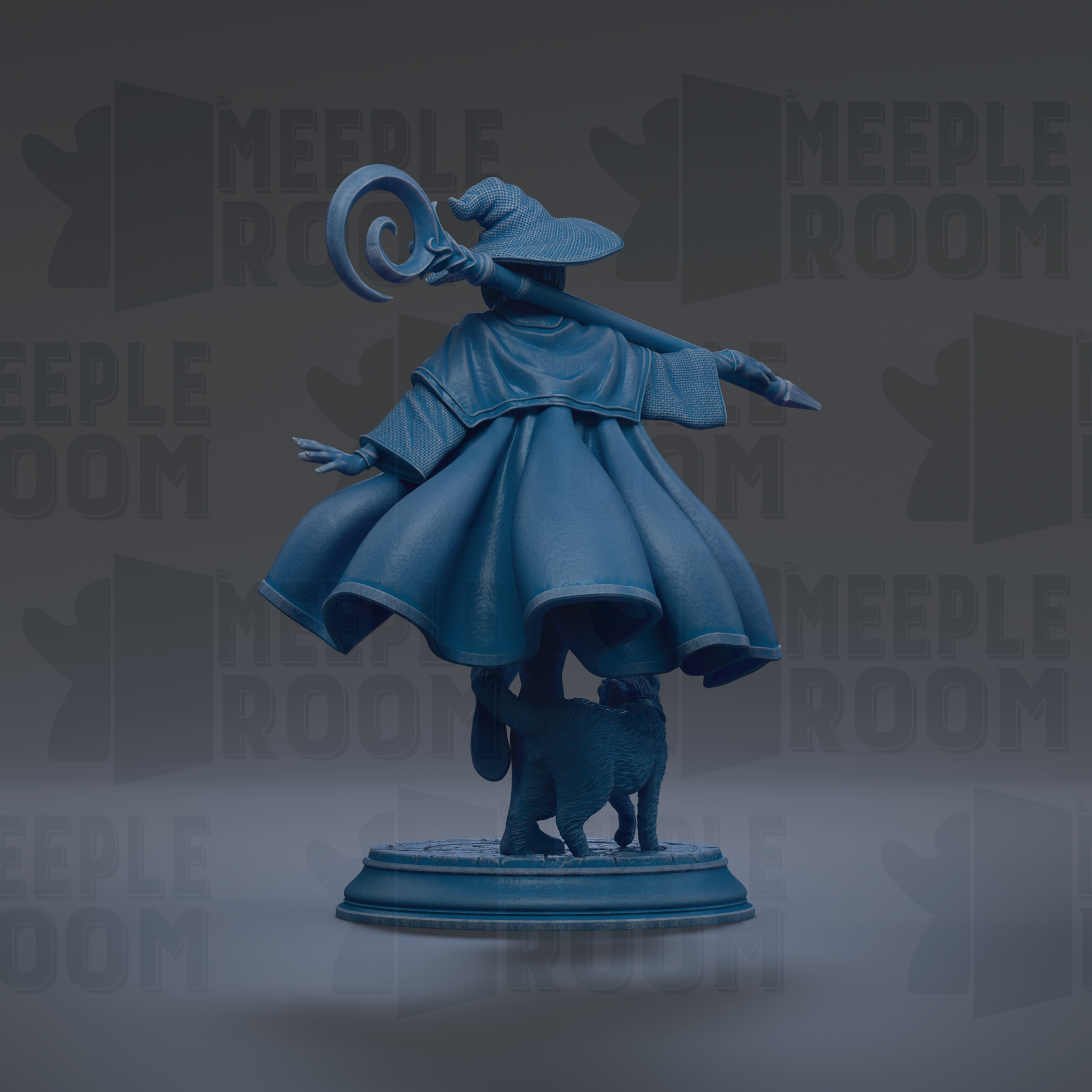 A blue statue of a wizard with a staff, standing on a pedestal and holding a staff in one hand and a staff in the other.