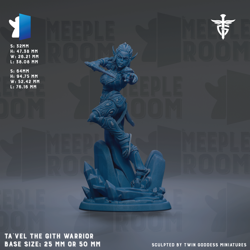 The image is a 3D rendering of a warrior figure, specifically the Gith Warrior, which is a character from the video game Meeple Room. The warrior is depicted in a dynamic fighting stance, wielding a sword and shield. The image is labeled with the base size of the warrior, which is either 25mm or 50mm. The image is a part of a larger collection of images related to the game Meeple Room, and it is sculpted by Twin Goddess miniatures.