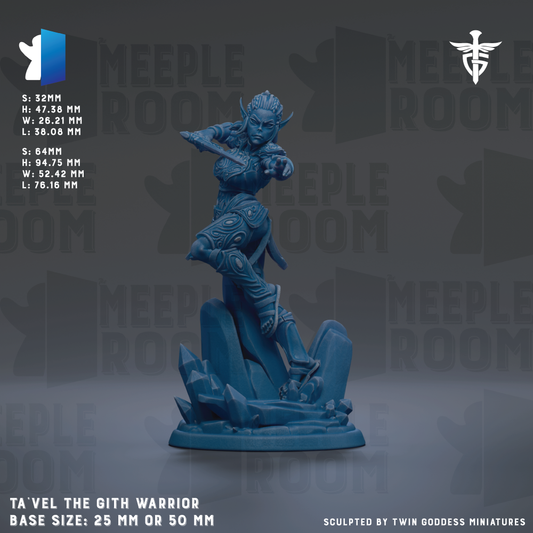 The image is a 3D rendering of a warrior figure, specifically the Gith Warrior, which is a character from the video game Meeple Room. The warrior is depicted in a dynamic fighting stance, wielding a sword and shield. The image is labeled with the base size of the warrior, which is either 25mm or 50mm. The image is a part of a larger collection of images related to the game Meeple Room, and it is sculpted by Twin Goddess miniatures.