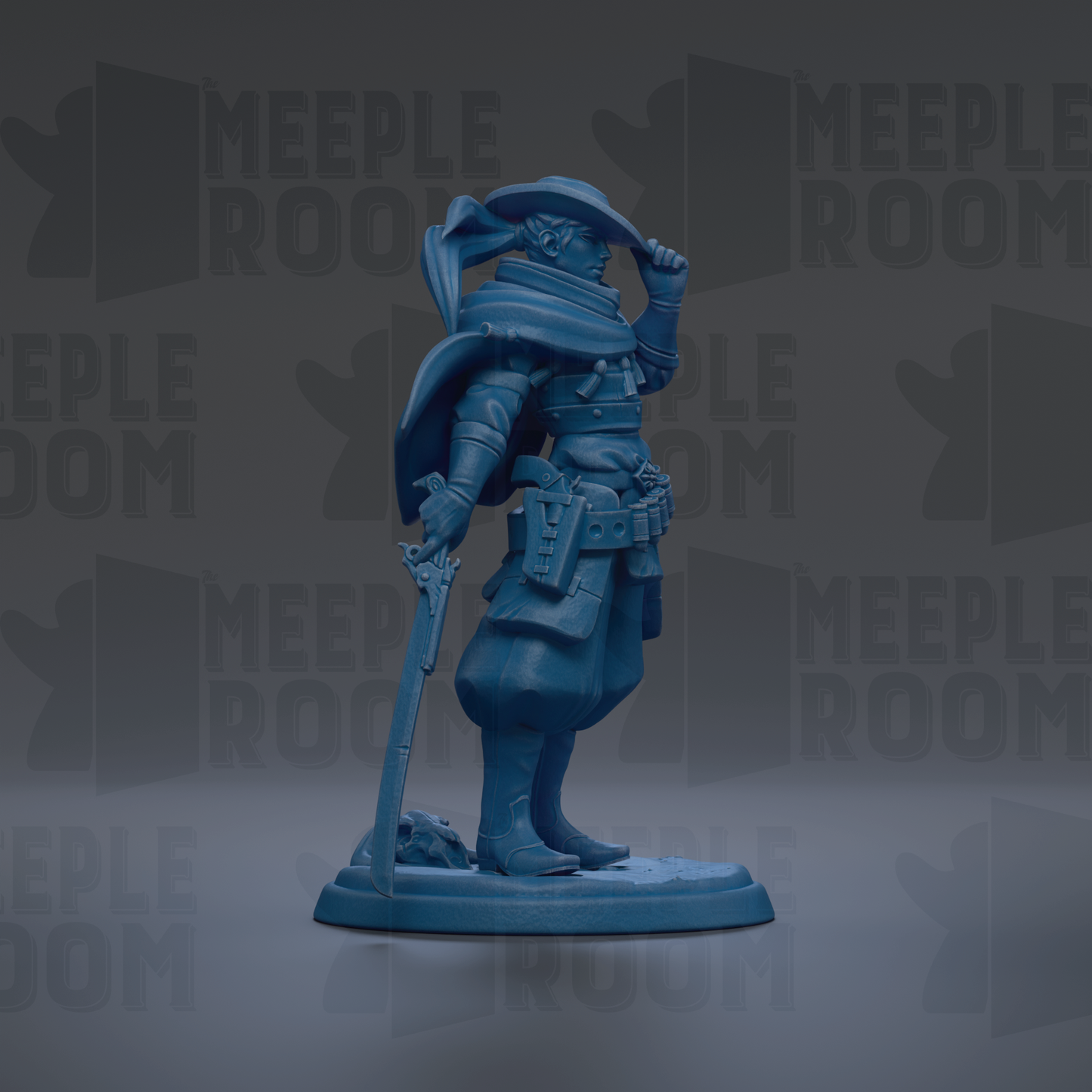 A blue figurine of a person standing and holding a sword, with a hat on their head.