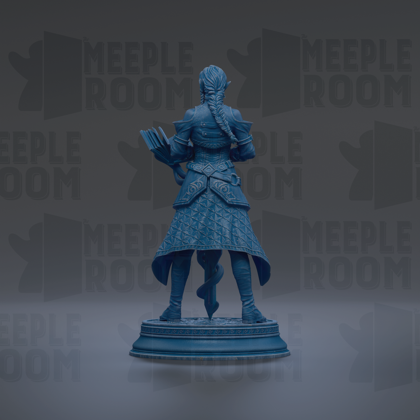 A blue statue of a person standing on a pedestal, holding a book in their hand.